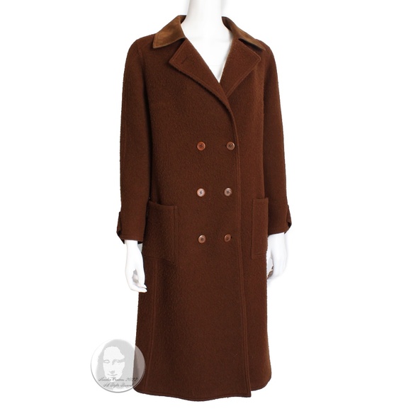 Hermes Brown Double Breasted Suede Leather Trim Trench Style Wool Coat, 1970s - Picture 1 of 11